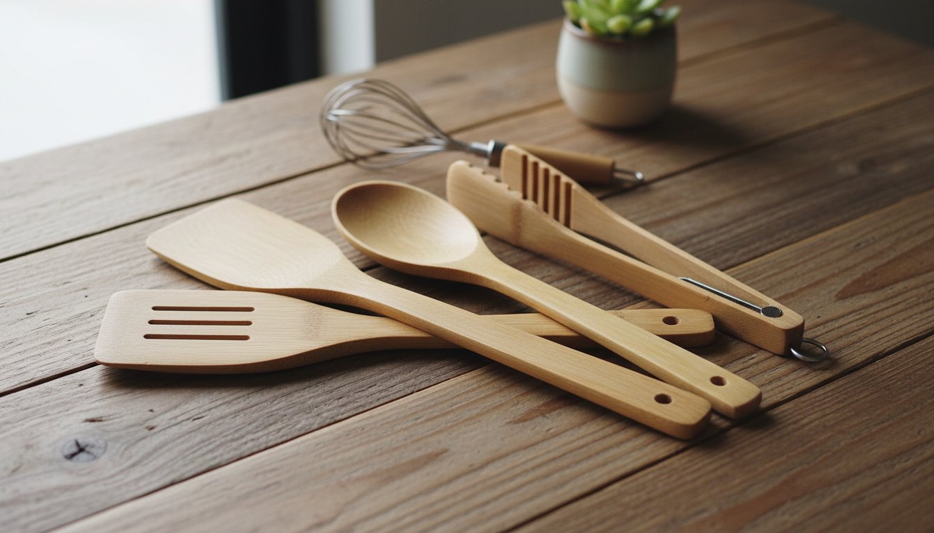 Reusable bamboo kitchen utensils on a wooden table