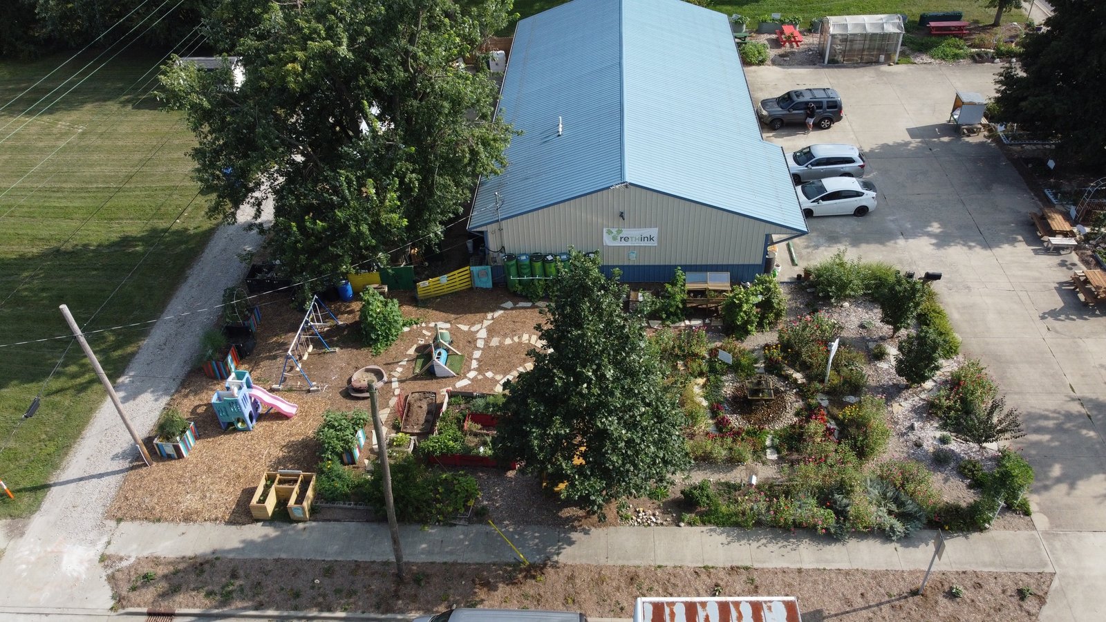 Aerial view of a reTHink free community garden in full growth
