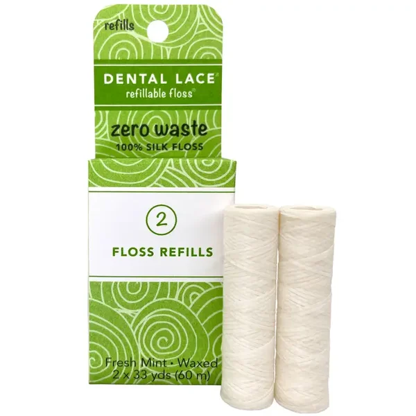 Refillable silk dental floss in a glass vial, two pack