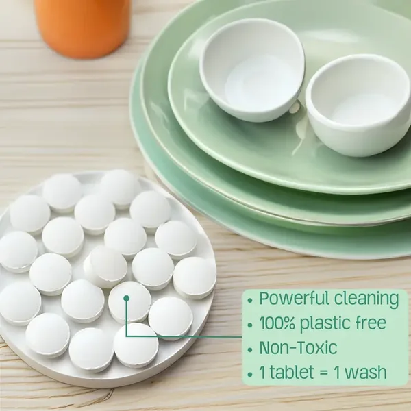 Plastic-free dishwasher detergent tablets
