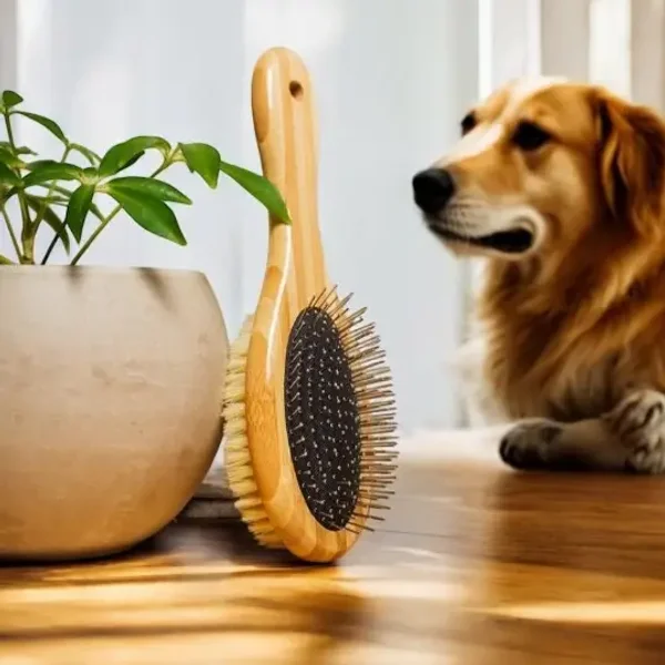 Wooden pet grooming brush with natural bristles